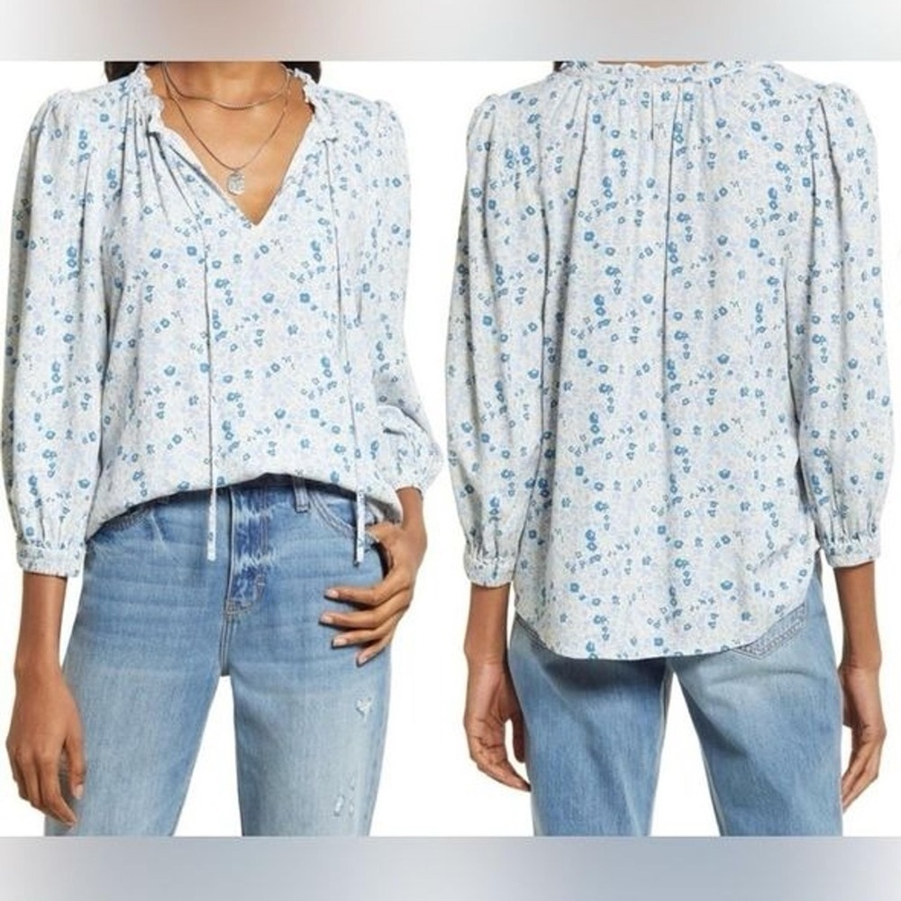 Treasure & Bond Floral Tie Neck 3/4 Long Sleeve Top Blouse XL